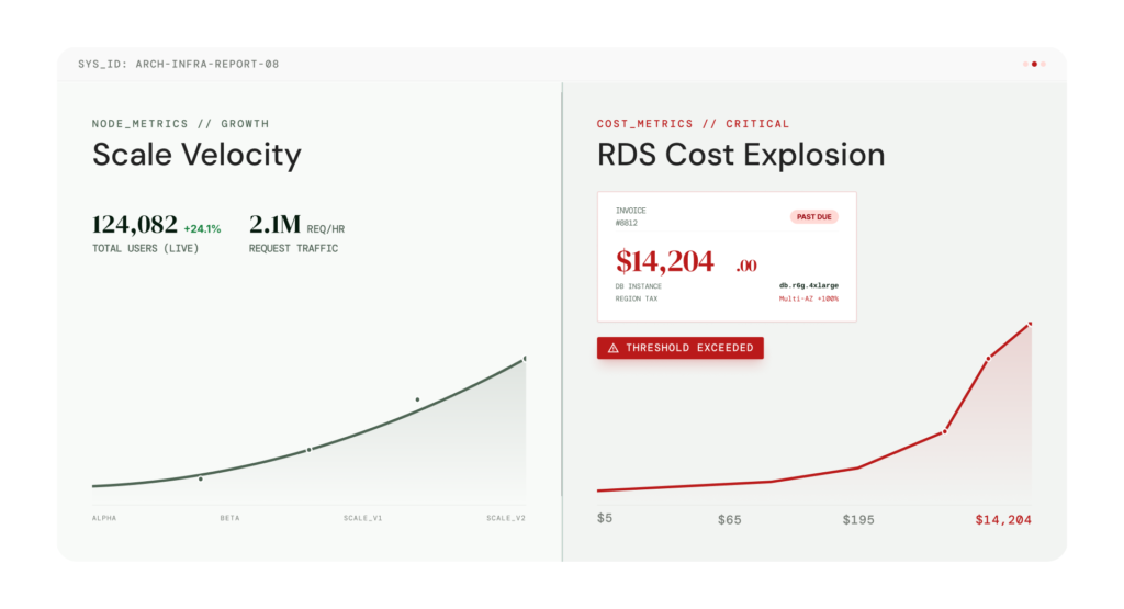 Why AWS RDS is expensive, as a product growth scales from alpha to production, RDS costs explode from $5 to $14,204 with Multi-AZ and db.r6g.4xlarge instances