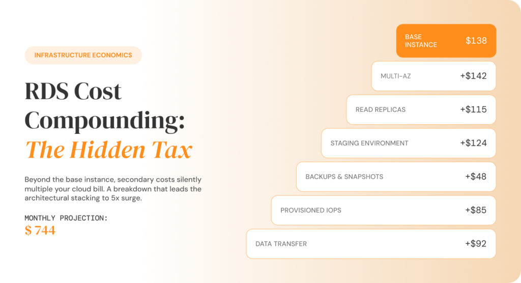 AWS RDS cost breakdown showing compounding charges from base instance to $744 per month including Multi-AZ, read replicas, backups, IOPS, and data transfer