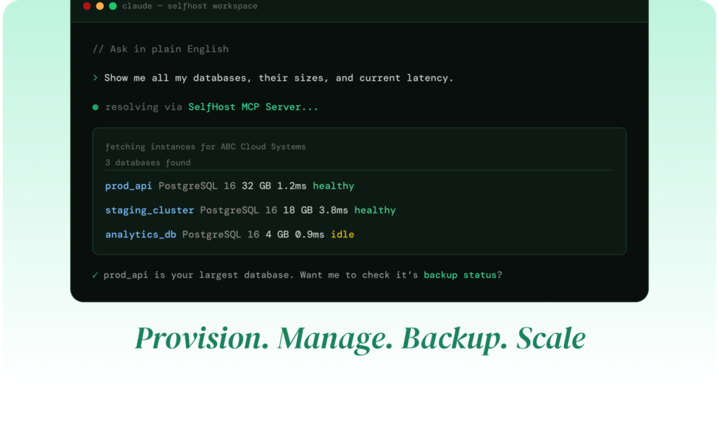 PostgreSQL MCP Server example showing AI retrieving database instances, sizes, latency, and health status using natural language