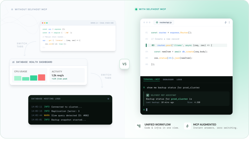 PostgreSQL MCP Server vs cloud dashboard showing unified workflow without context switching compared to traditional database management interfaces
